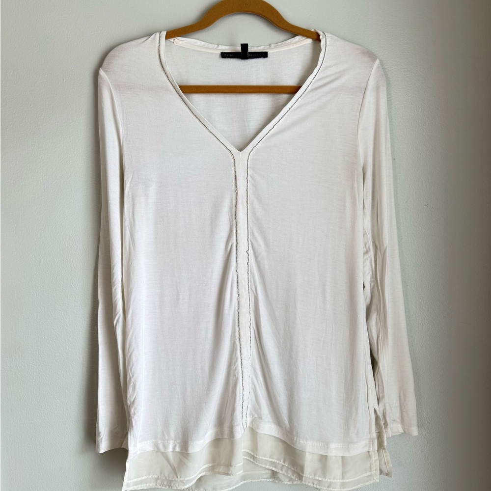 White House Black Market Ivory Long Sleeve V-Neck Tee